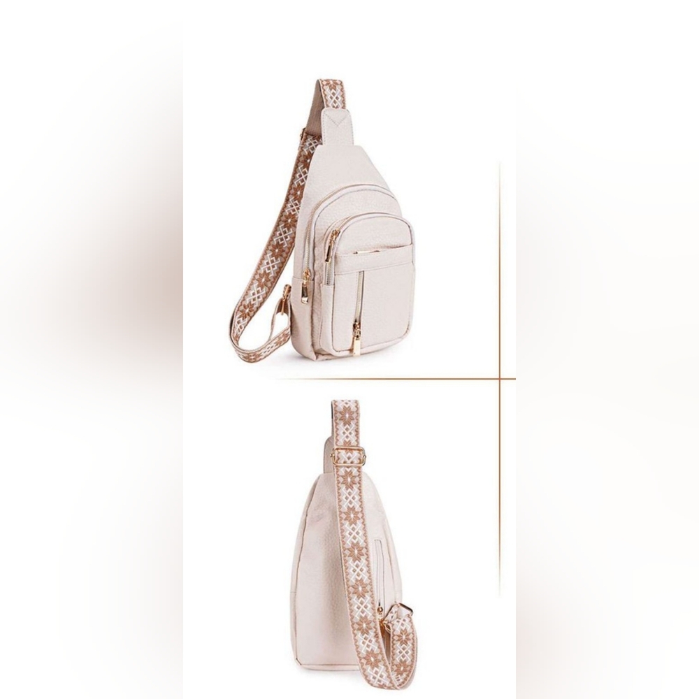 Adjustable Crossbody Sling Bag with Embroidered Guitar Strap In Cream - Picture 6 of 11